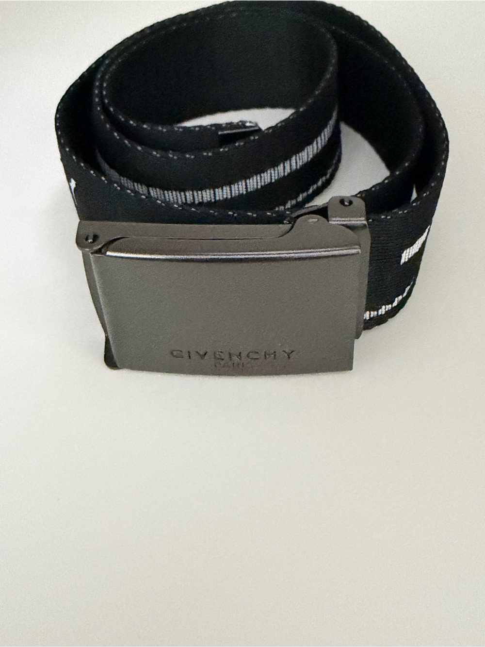 Givenchy Black Webbing Belt with Gunmetal Buckle and White Stripe